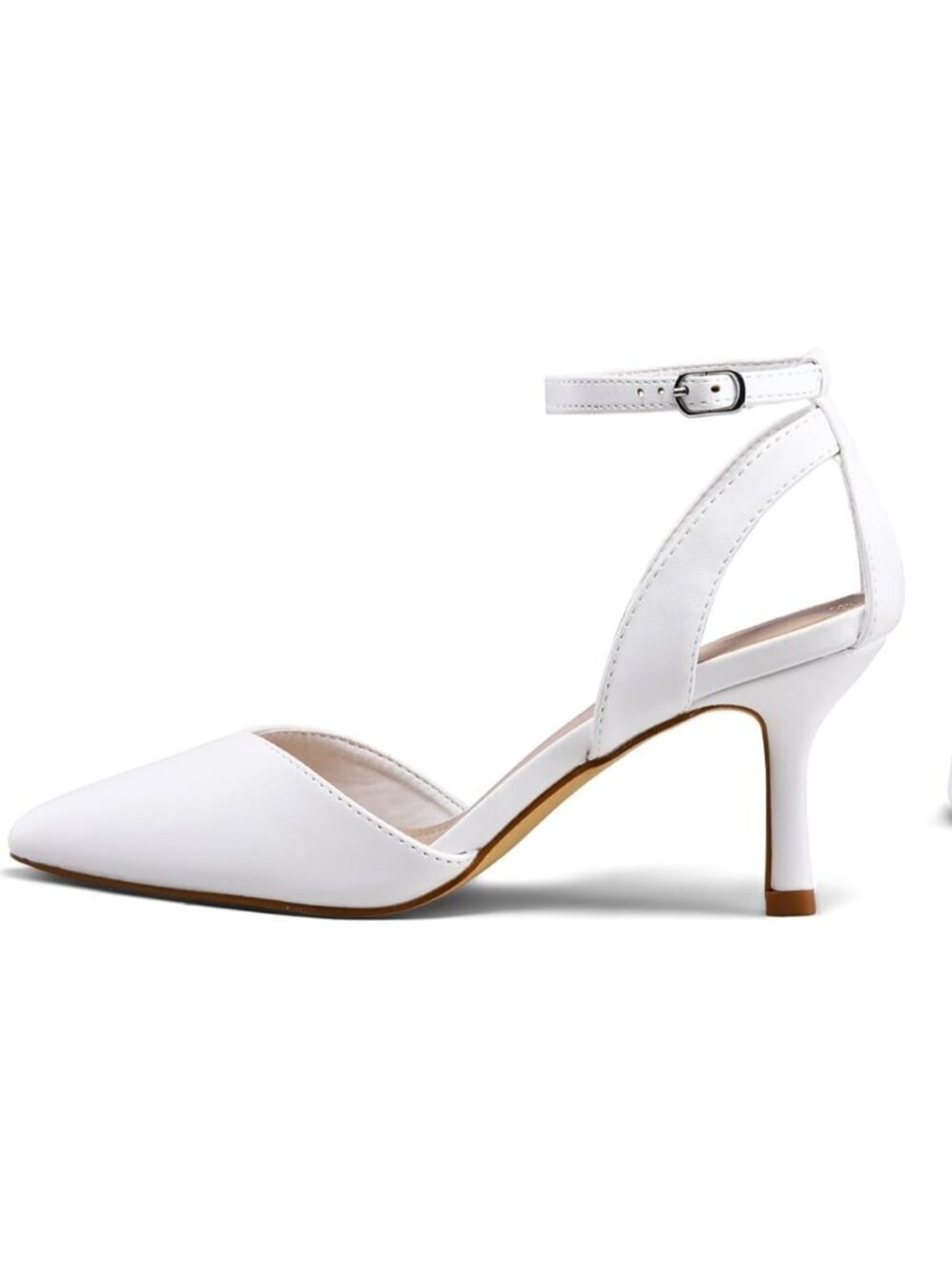 Women's White Pu Pumps Shoes Pointed Toe Kitten Low Heels Ankle Strap
